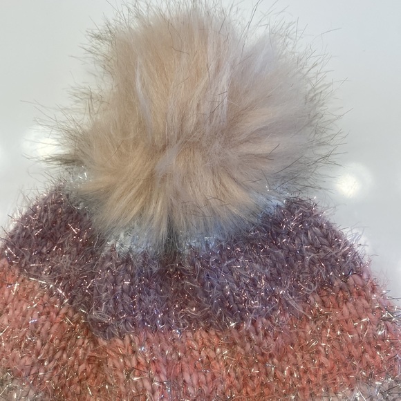 NWT Children’s Place pink multicolored striped tinsel toboggan with furry pompom - Picture 3 of 7